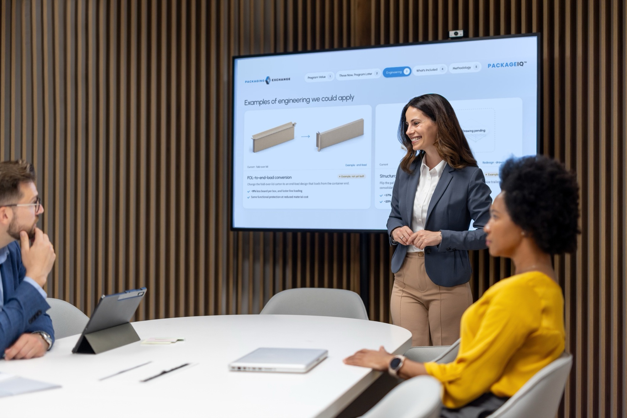 Packaging Exchange seller presenting a PackageIQ engineering analysis to customers in a meeting room